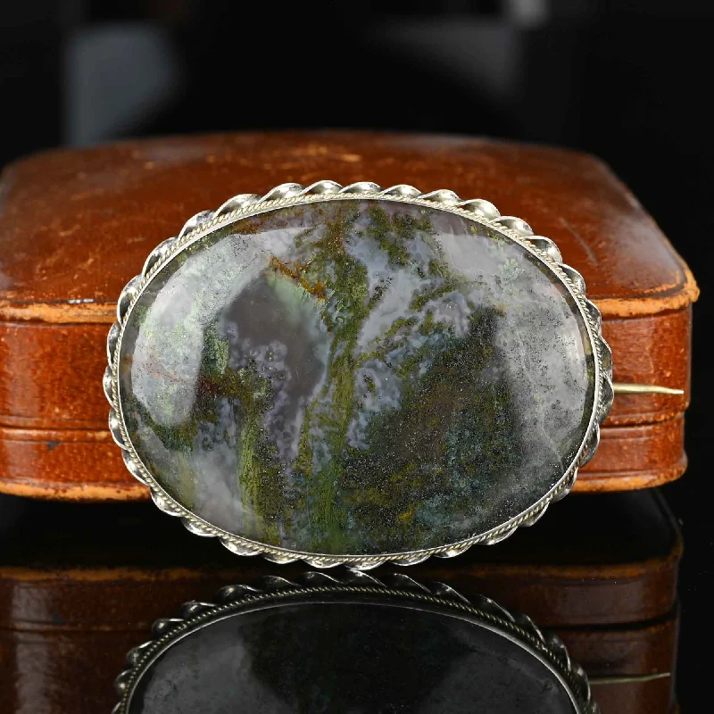 costume brooches for women-Victorian Silver Large Dendritic Moss Agate Brooch