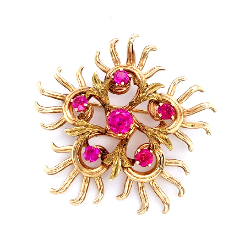 vintage-style brooches for women-Yellow Gold & Red Stone Brooch - "Starburst"