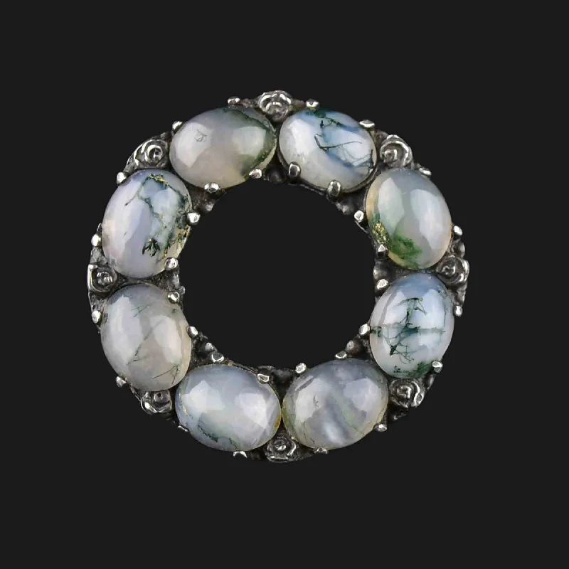 wedding brooches for brides-Vintage Arts and Crafts Silver Moss Agate Brooch