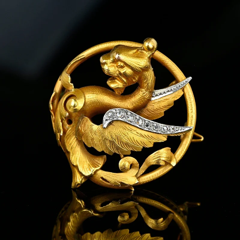 minimalist brooches for women-Antique Rose Cut Diamond 18K Gold Griffin Brooch