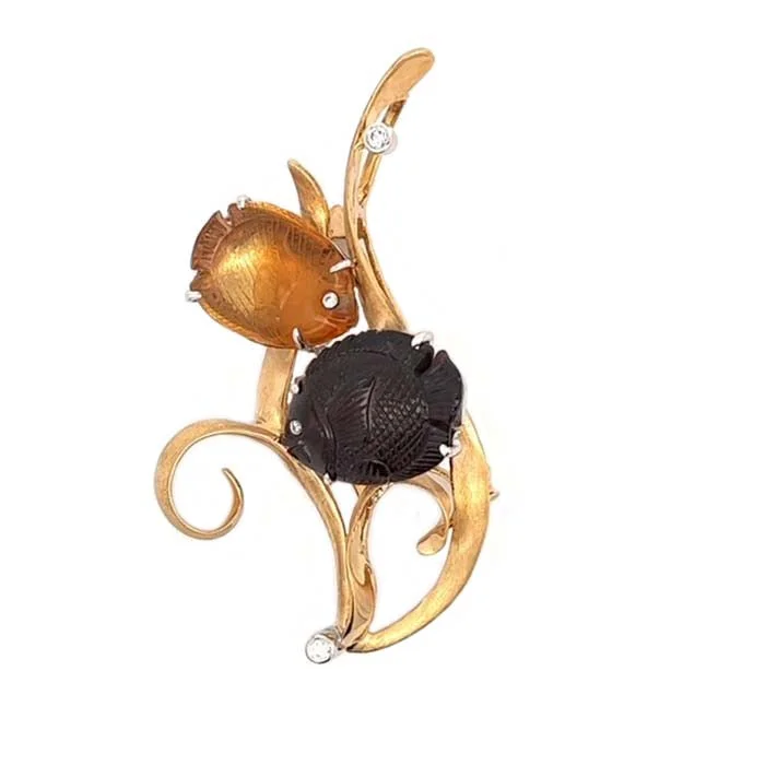 handmade brooches for women-Estate Carved Amethyst and Citrine Fish Brooch in 18K Yellow Gold